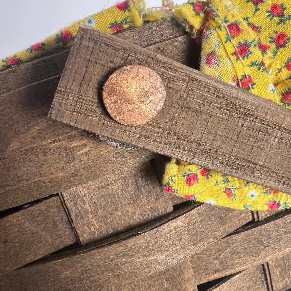 Vintage Woven Wood Picnic Basket Yellow Floral Zip Fabric Cover Cottagecore MCM